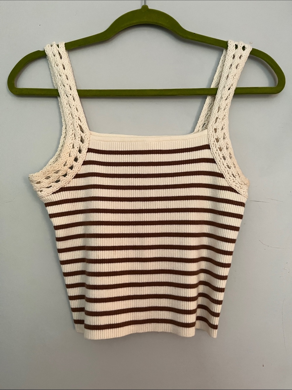 aerie Crochet-Trim Striped Ribbed Tank Top - Cream & Brown